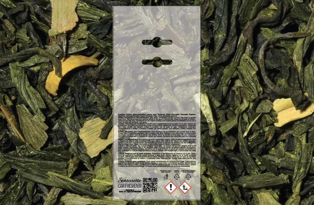 Személyre szabott autóillatosító csomagolási sablon, illat:﻿ Zöld tea wellness – letölthető erőforrás személyre szabott autódezodor csomagolásához